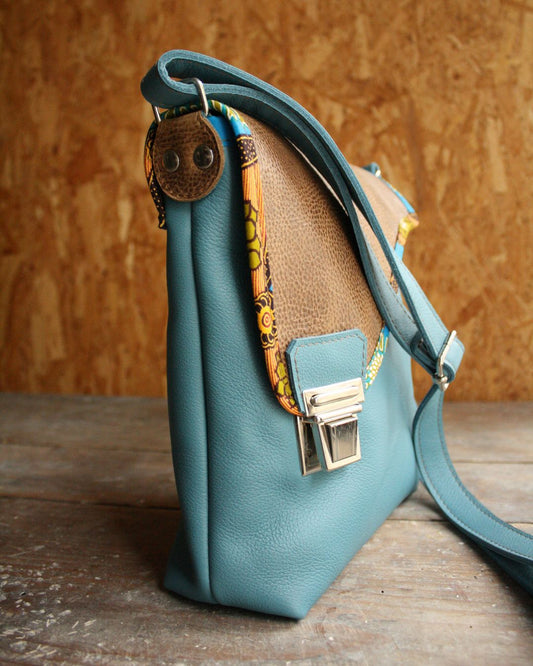 Sac Maïko en cuir bleu et marron vieilli