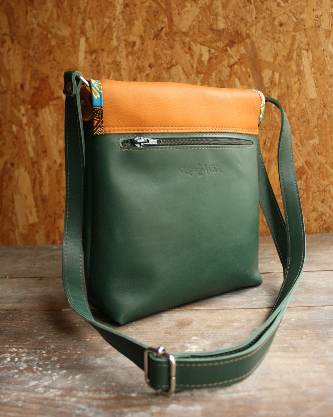 Sac Maïko en cuir vert et camel