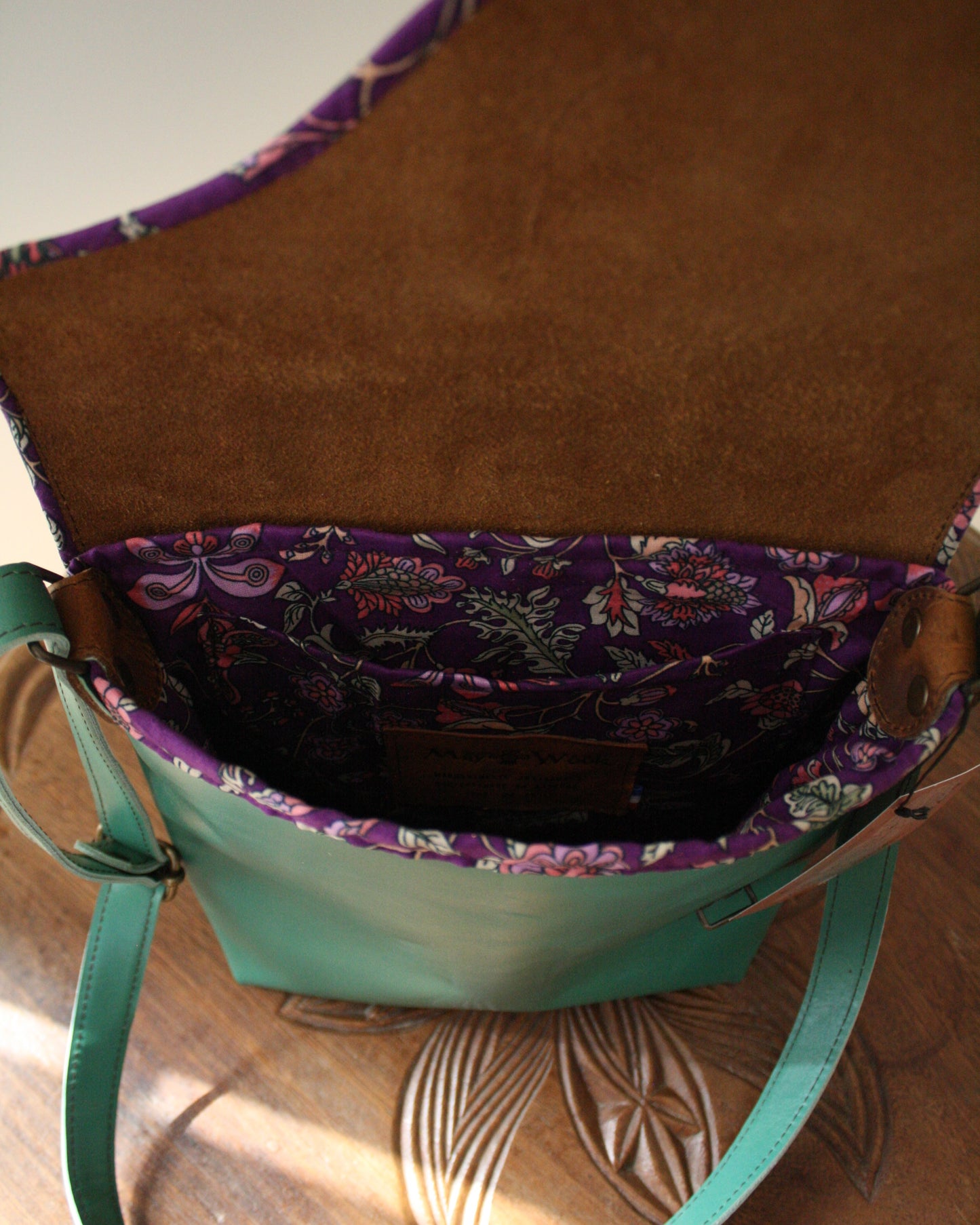 Sac Maïko en cuir vert d'eau et marron