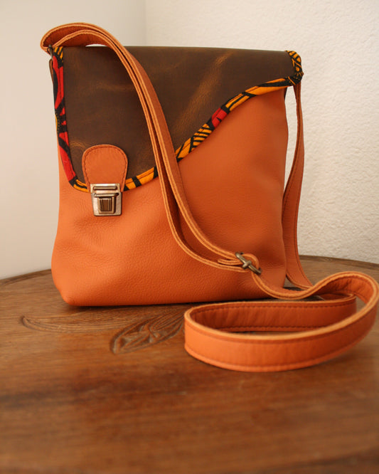 Sac Maïko en cuir orange et marron vieilli