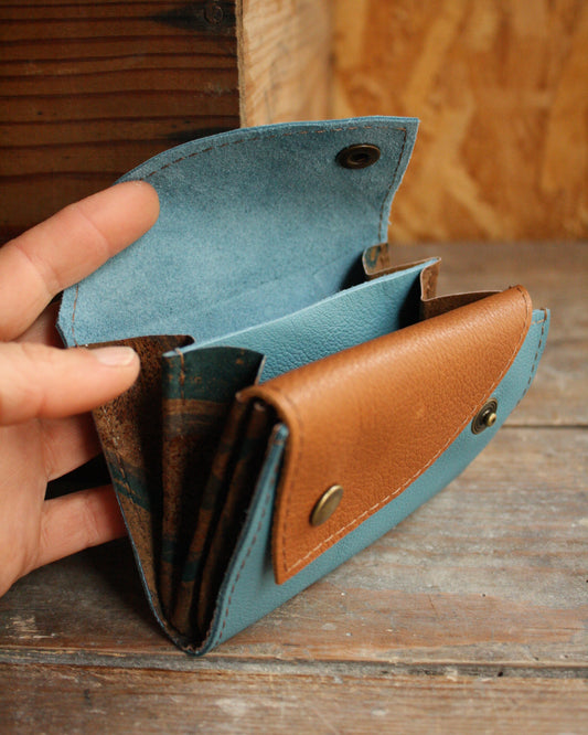 Portefeuille bicolore en cuir bleu et camel N°2