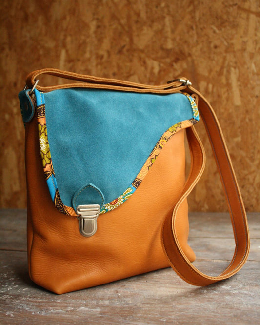 Sac Maïko en cuir camel et bleu
