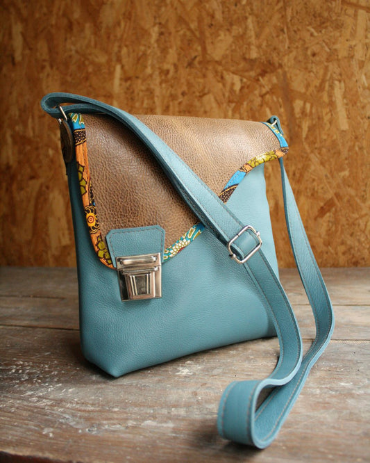 Sac Maïko en cuir bleu et marron vieilli