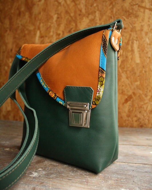 Sac Maïko en cuir vert et camel