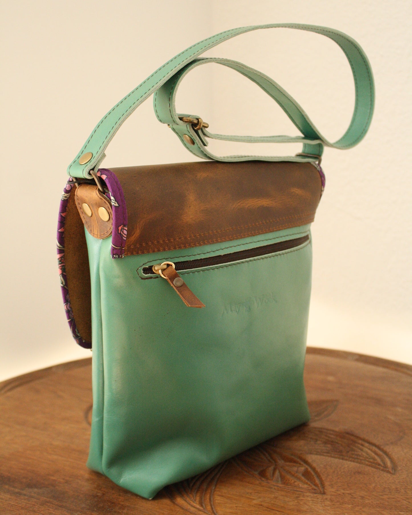 Sac Maïko en cuir vert d'eau et marron