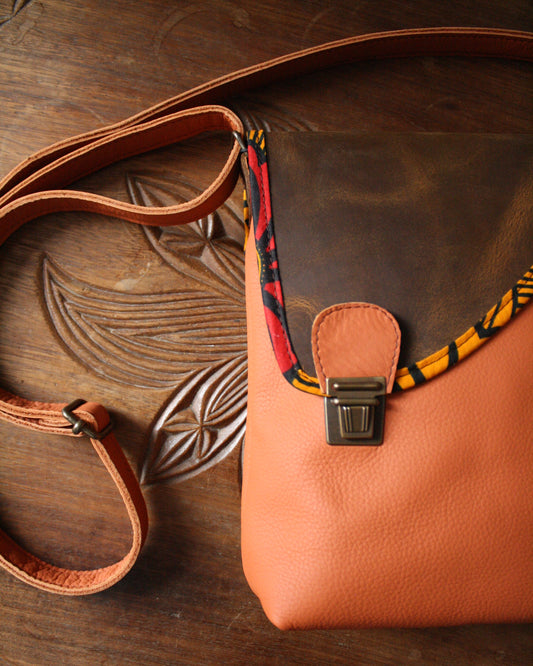 Sac Maïko en cuir orange et marron vieilli