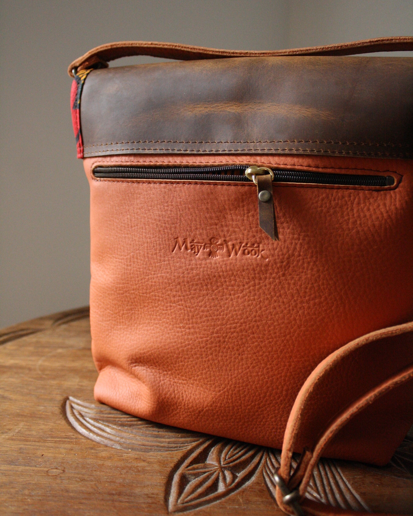 Sac Maïko en cuir orange et marron vieilli