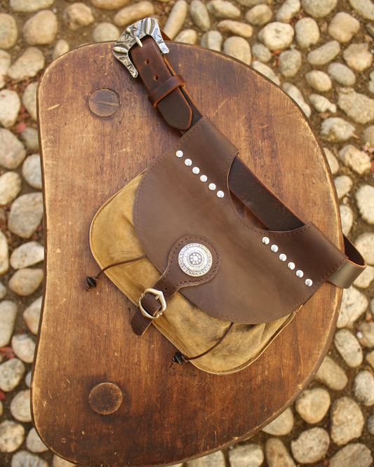 Escarcelle en cuir marron foncé et cuir velours beige