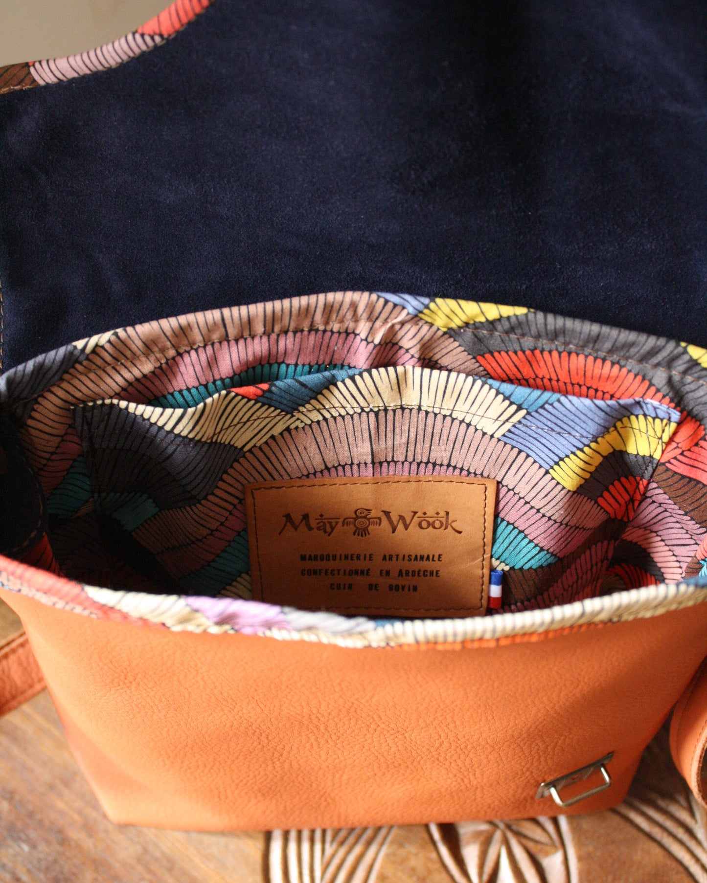 Sac Maïko en cuir orange et bleu