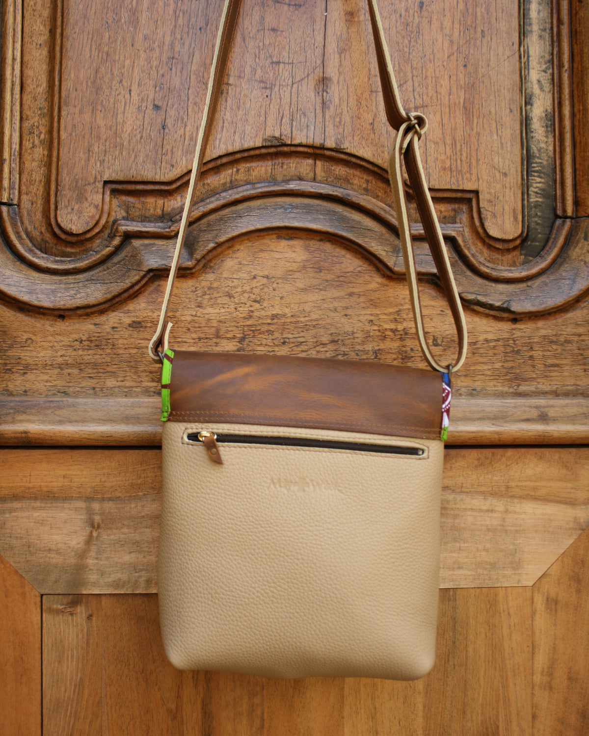 Sac Maïko en cuir beige et marron vieilli